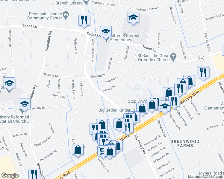 map of restaurants, bars, coffee shops, grocery stores, and more near 210 Albany Drive in Hampton