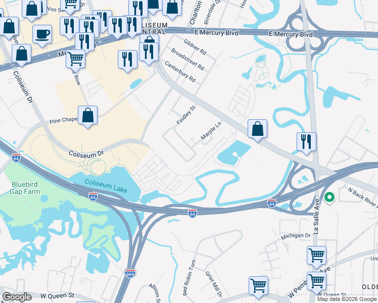 map of restaurants, bars, coffee shops, grocery stores, and more near 172 Findley Square in Hampton