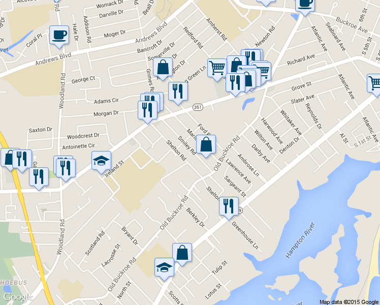 map of restaurants, bars, coffee shops, grocery stores, and more near 446 Smiley Road in Hampton