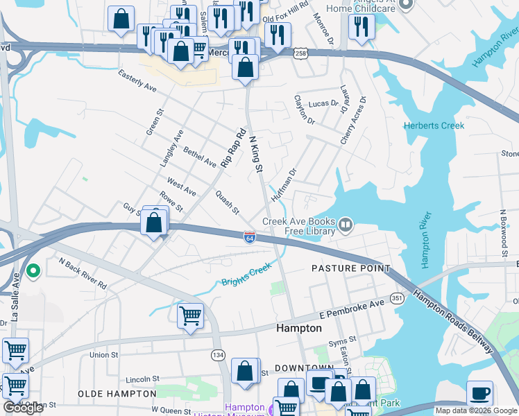 map of restaurants, bars, coffee shops, grocery stores, and more near 844 North King Street in Hampton
