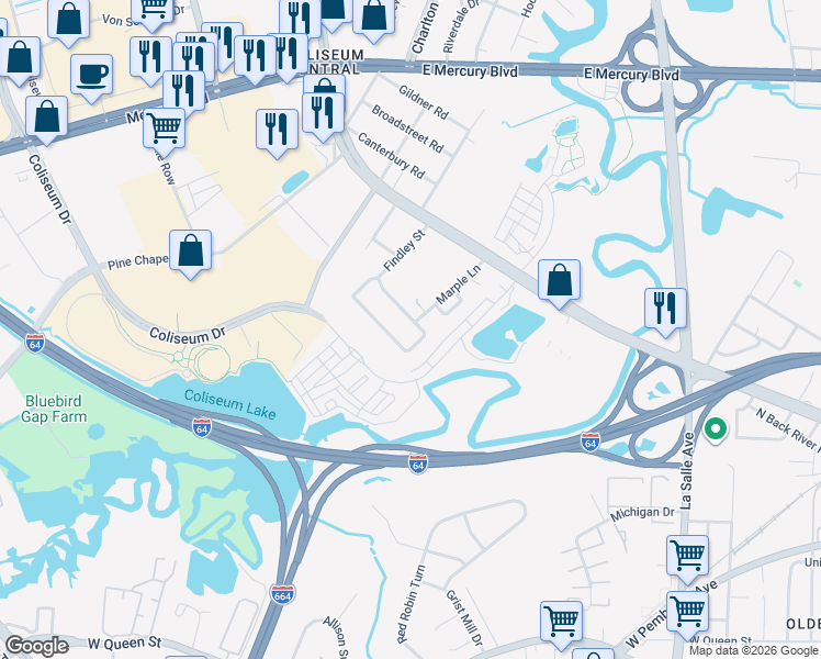 map of restaurants, bars, coffee shops, grocery stores, and more near 172 Findley Square in Hampton