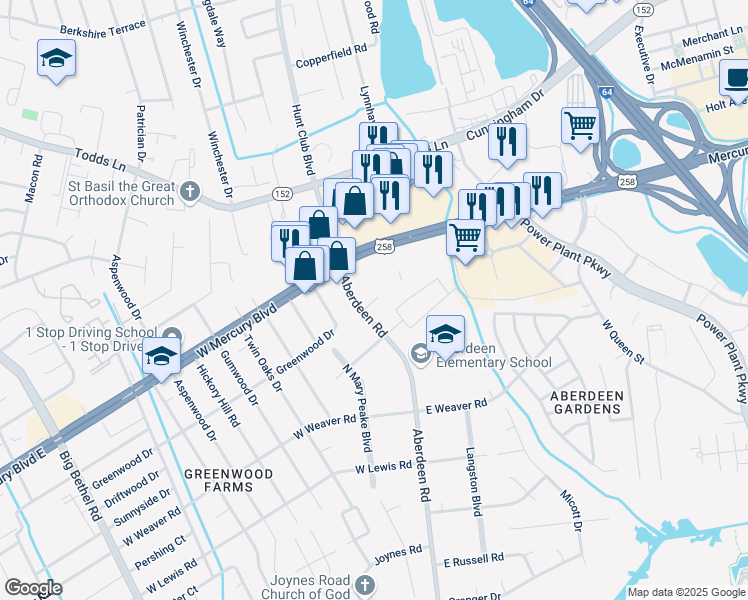 map of restaurants, bars, coffee shops, grocery stores, and more near 1520 Aberdeen Road in Hampton