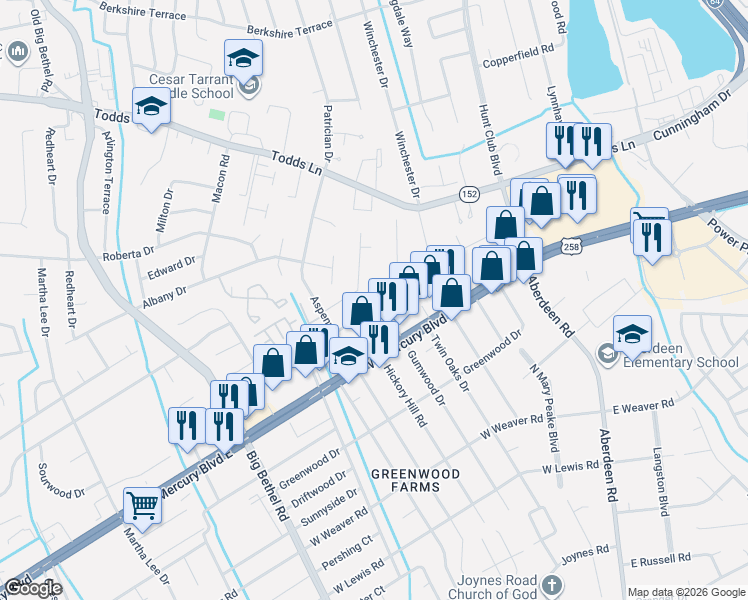 map of restaurants, bars, coffee shops, grocery stores, and more near 2815 Bending Oak Drive in Hampton