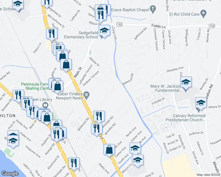 map of restaurants, bars, coffee shops, grocery stores, and more near 647 Bellwood Road in Newport News