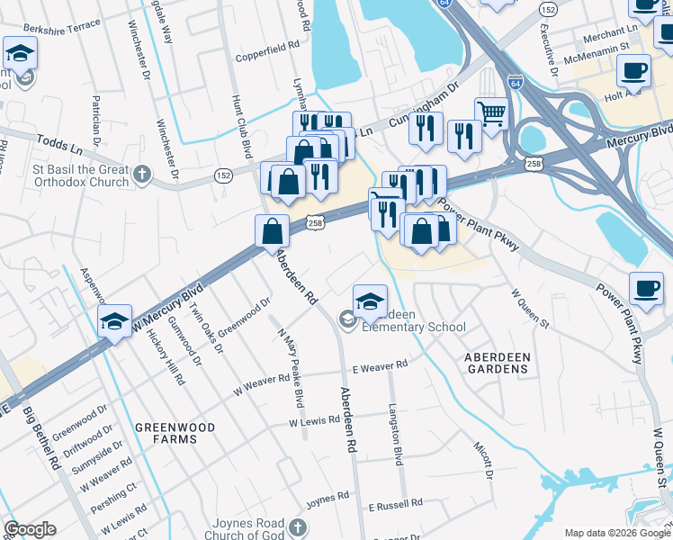 map of restaurants, bars, coffee shops, grocery stores, and more near 24 North Walker Road in Hampton