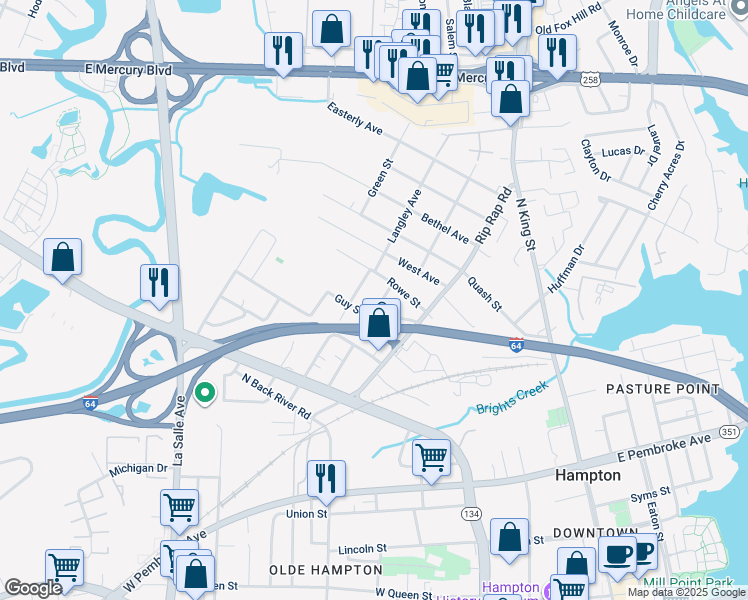 map of restaurants, bars, coffee shops, grocery stores, and more near 214 Albert E. Simpson Street in Hampton