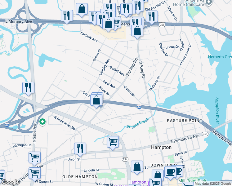 map of restaurants, bars, coffee shops, grocery stores, and more near 947 Mason Street in Hampton
