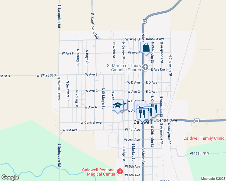 map of restaurants, bars, coffee shops, grocery stores, and more near 300 North Webb Street in Caldwell