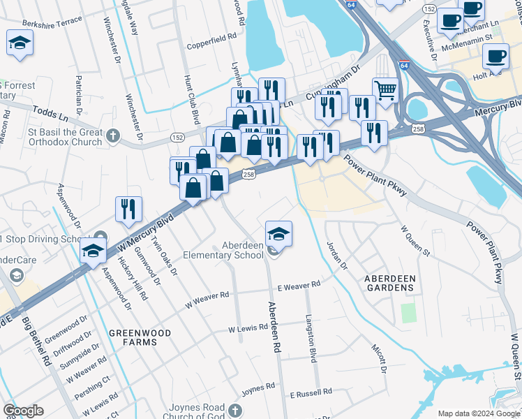 map of restaurants, bars, coffee shops, grocery stores, and more near 13 North Walker Road in Hampton