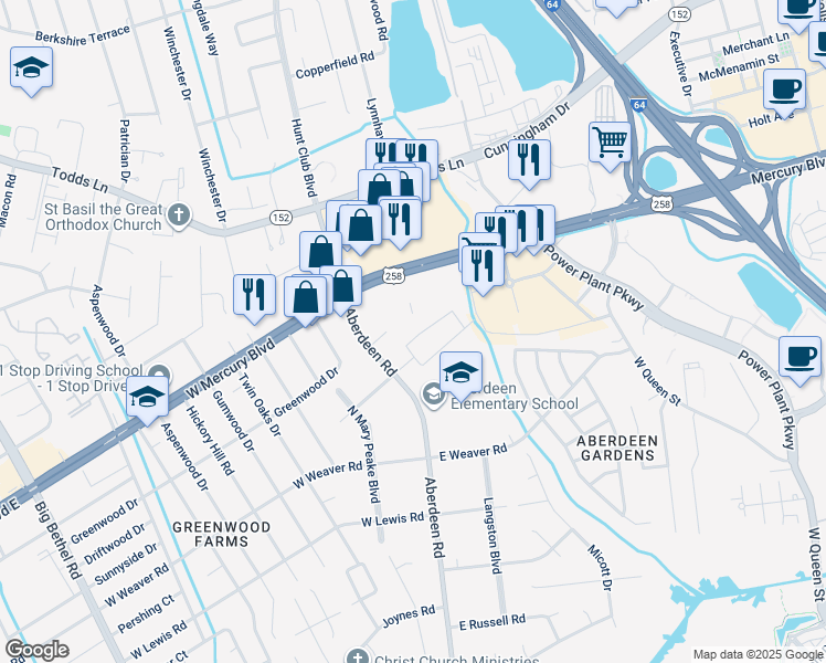 map of restaurants, bars, coffee shops, grocery stores, and more near 13 North Walker Road in Hampton