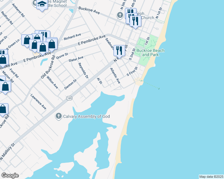 map of restaurants, bars, coffee shops, grocery stores, and more near 191 Atlantic Avenue in Hampton