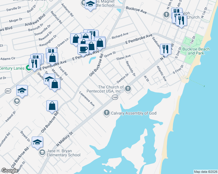 map of restaurants, bars, coffee shops, grocery stores, and more near 19 Harwood Avenue in Hampton