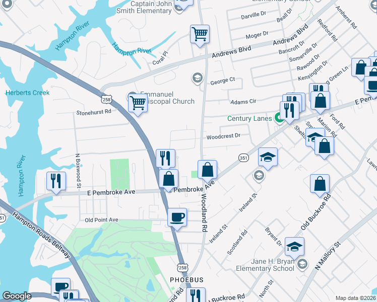 map of restaurants, bars, coffee shops, grocery stores, and more near 1312 Woodcrest Drive in Hampton
