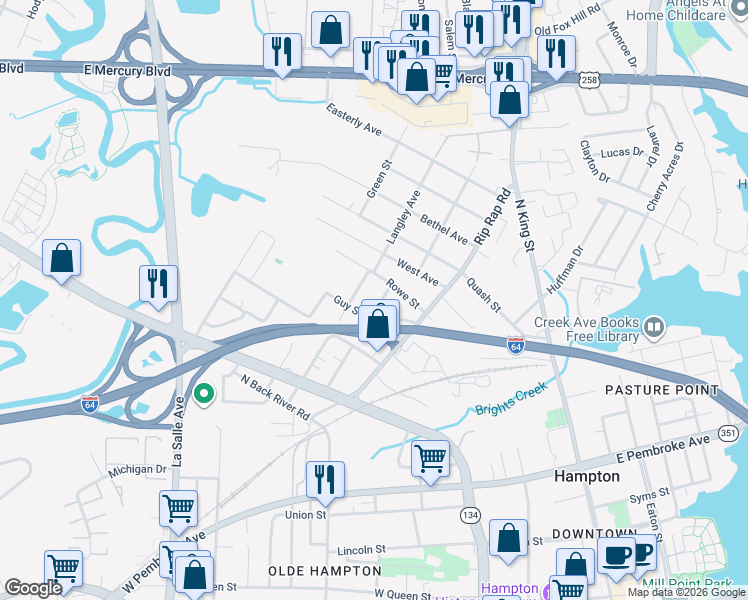 map of restaurants, bars, coffee shops, grocery stores, and more near 701 Langley Avenue in Hampton