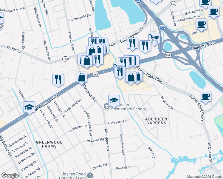 map of restaurants, bars, coffee shops, grocery stores, and more near 24 North Walker Road in Hampton