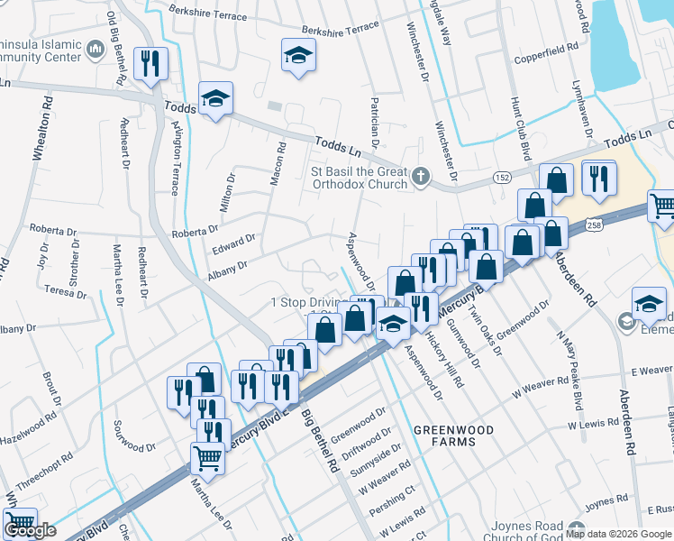 map of restaurants, bars, coffee shops, grocery stores, and more near 2 Ducette Drive in Hampton