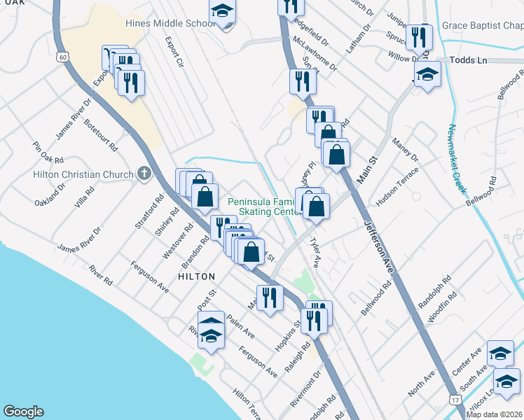 map of restaurants, bars, coffee shops, grocery stores, and more near 500 Hosier Street in Newport News