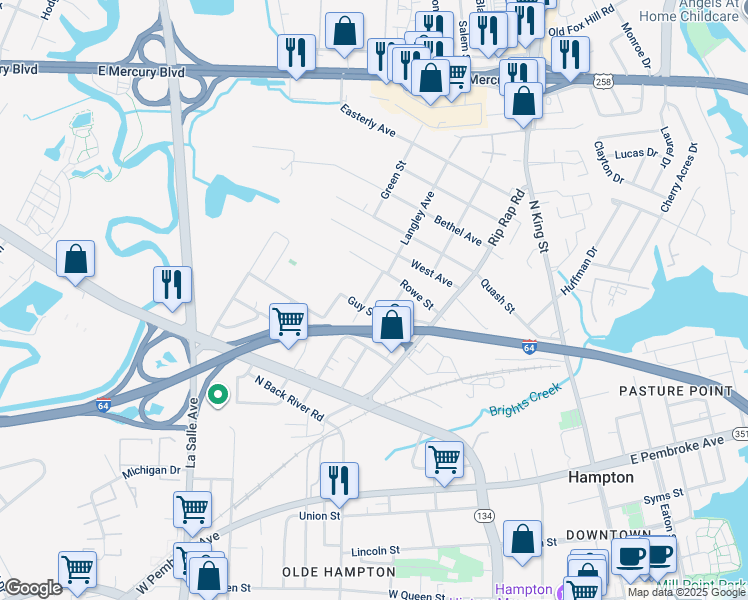 map of restaurants, bars, coffee shops, grocery stores, and more near 715 Langley Avenue in Hampton