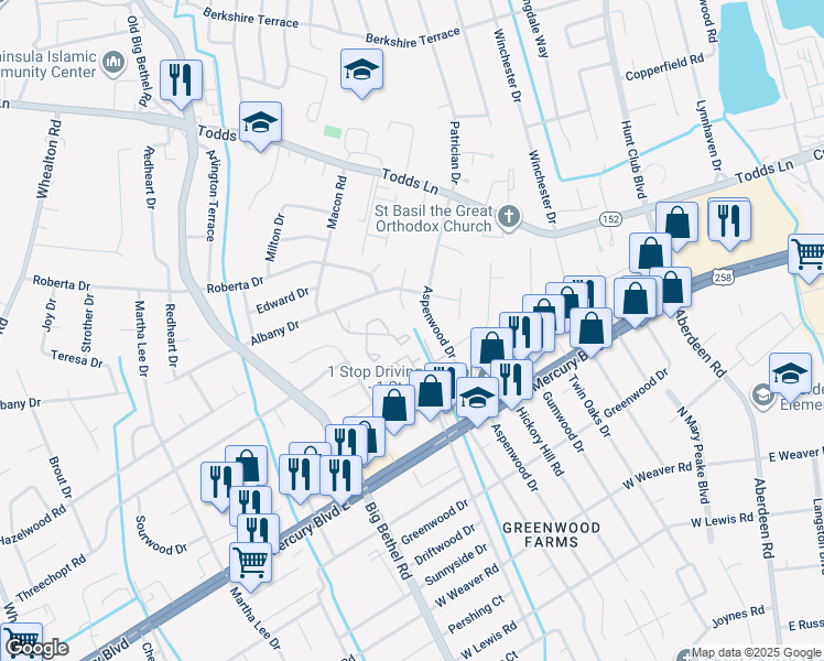 map of restaurants, bars, coffee shops, grocery stores, and more near 2 Ducette Drive in Hampton