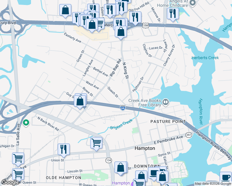 map of restaurants, bars, coffee shops, grocery stores, and more near 916 Quash Street in Hampton
