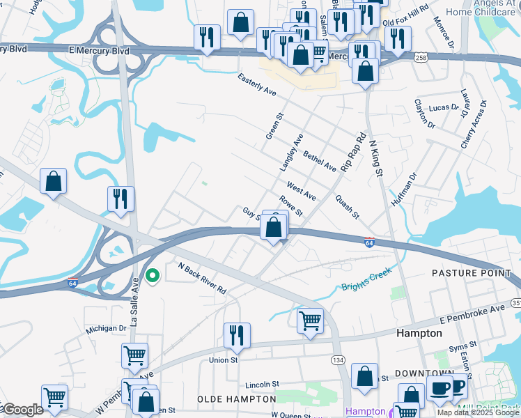 map of restaurants, bars, coffee shops, grocery stores, and more near 715 Langley Avenue in Hampton