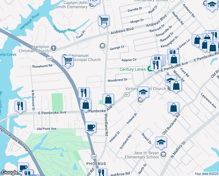 map of restaurants, bars, coffee shops, grocery stores, and more near 1402 Woodcrest Drive in Hampton