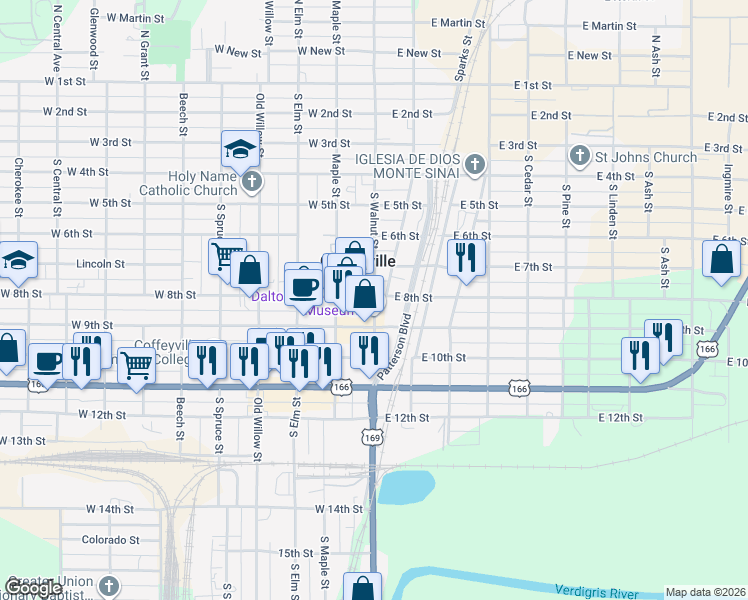 map of restaurants, bars, coffee shops, grocery stores, and more near 811 South Walnut Street in Coffeyville