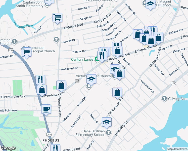 map of restaurants, bars, coffee shops, grocery stores, and more near 205 Ireland Street in Hampton