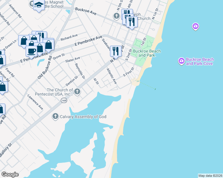 map of restaurants, bars, coffee shops, grocery stores, and more near 191 Atlantic Avenue in Hampton