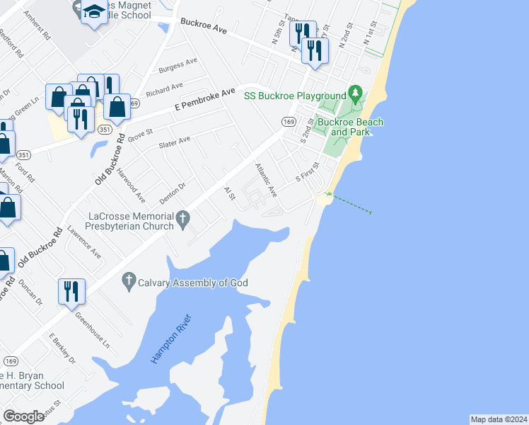 map of restaurants, bars, coffee shops, grocery stores, and more near 191 Atlantic Avenue in Hampton