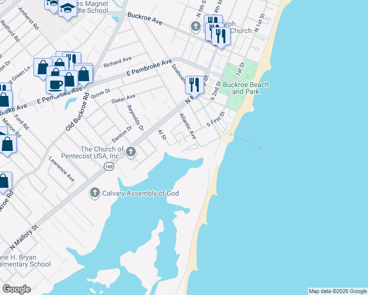 map of restaurants, bars, coffee shops, grocery stores, and more near 191 Atlantic Avenue in Hampton