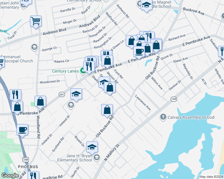 map of restaurants, bars, coffee shops, grocery stores, and more near 446 Smiley Road in Hampton