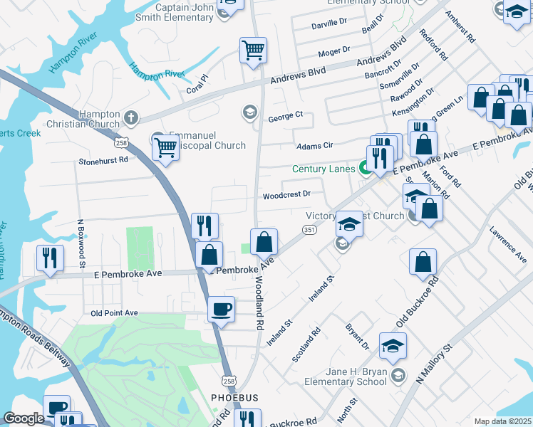 map of restaurants, bars, coffee shops, grocery stores, and more near 1402 Woodcrest Drive in Hampton