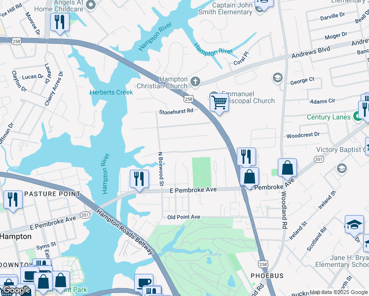 map of restaurants, bars, coffee shops, grocery stores, and more near 124 Cambridge Place in Hampton