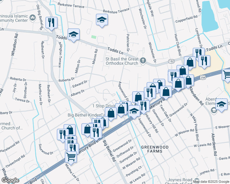 map of restaurants, bars, coffee shops, grocery stores, and more near 2 Ducette Drive in Hampton