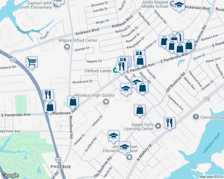 map of restaurants, bars, coffee shops, grocery stores, and more near 205 Ireland Street in Hampton