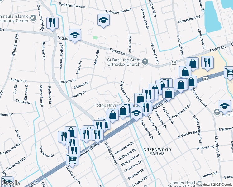 map of restaurants, bars, coffee shops, grocery stores, and more near 2 Ducette Drive in Hampton
