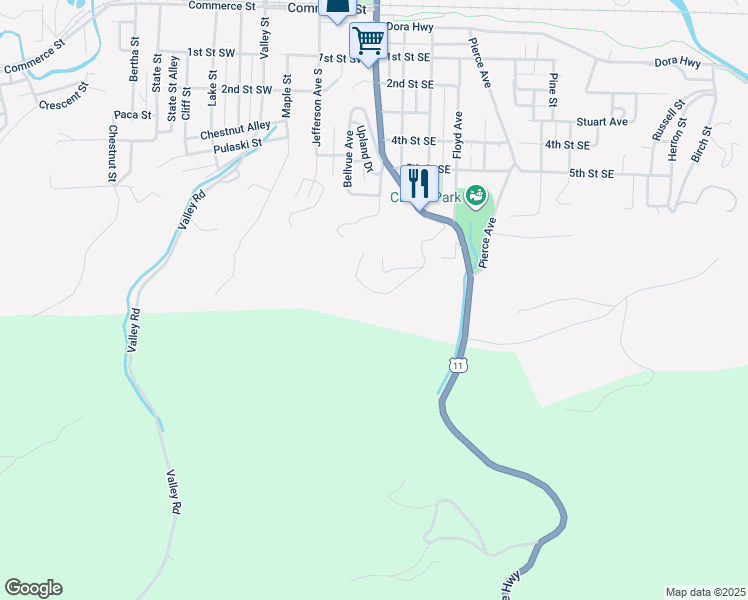 map of restaurants, bars, coffee shops, grocery stores, and more near 195 Crestline Drive in Pulaski