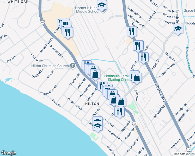 map of restaurants, bars, coffee shops, grocery stores, and more near 106 Westover Road in Newport News