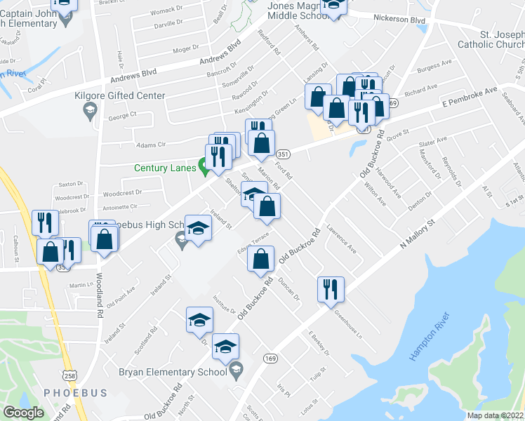 map of restaurants, bars, coffee shops, grocery stores, and more near 446 Shelton Road in Hampton