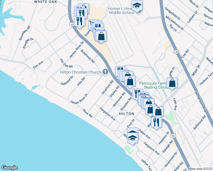 map of restaurants, bars, coffee shops, grocery stores, and more near 43 Stratford Road in Newport News