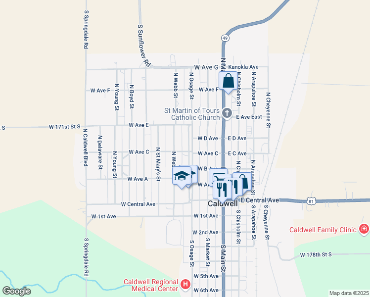 map of restaurants, bars, coffee shops, grocery stores, and more near 300-498 North Webb Street in Caldwell