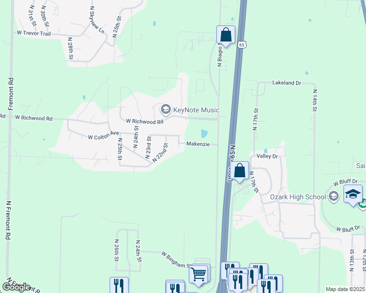 map of restaurants, bars, coffee shops, grocery stores, and more near 1913 North 21st Street in Ozark