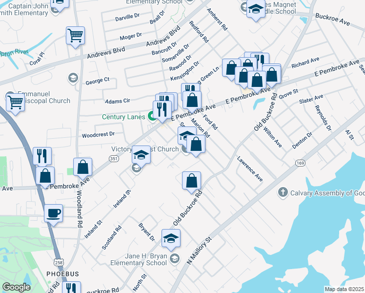 map of restaurants, bars, coffee shops, grocery stores, and more near 508 Shelton Road in Hampton