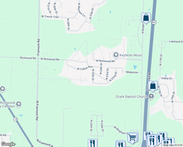 map of restaurants, bars, coffee shops, grocery stores, and more near 2604 West Colton in Ozark