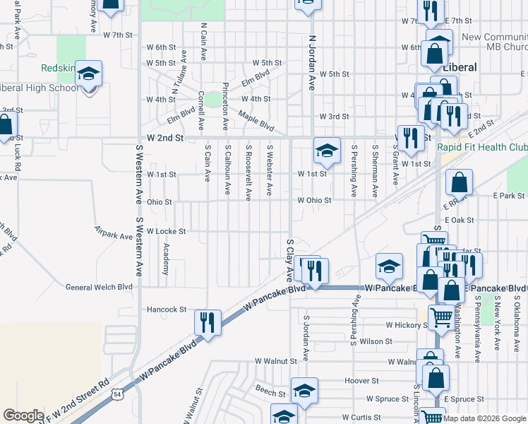 map of restaurants, bars, coffee shops, grocery stores, and more near 822 West Ohio Street in Liberal