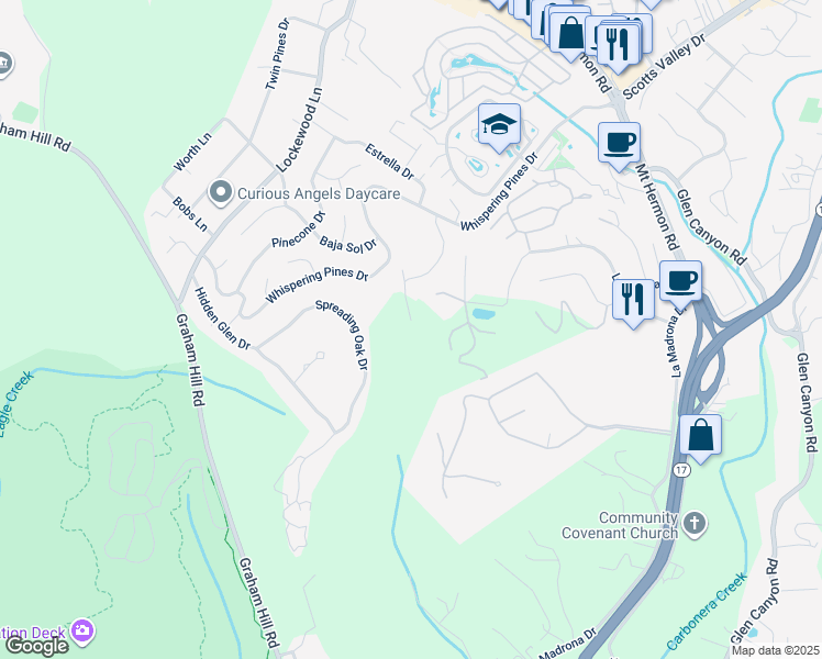 map of restaurants, bars, coffee shops, grocery stores, and more near 320 Blueberry Drive in Scotts Valley