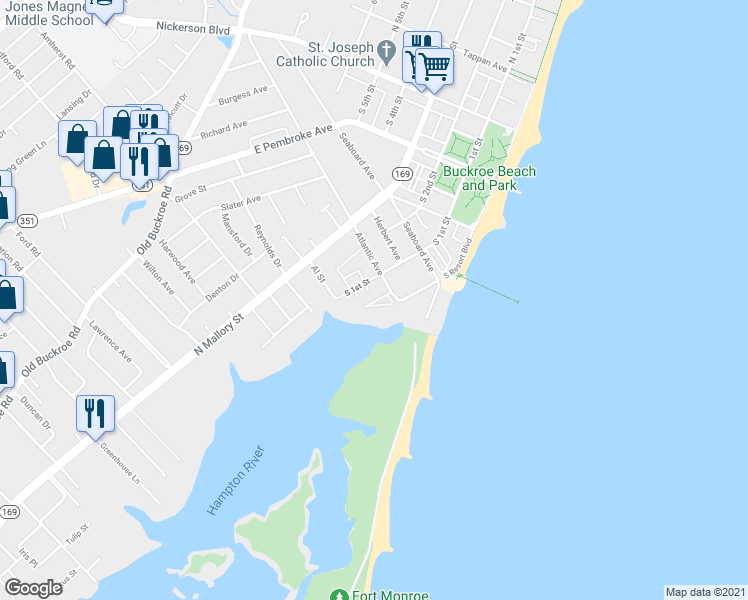 map of restaurants, bars, coffee shops, grocery stores, and more near 157 Atlantic Avenue in Hampton