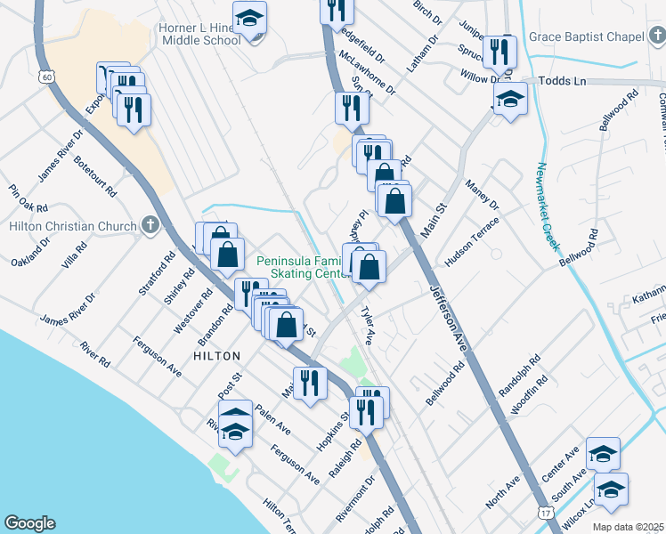 map of restaurants, bars, coffee shops, grocery stores, and more near 395 Tyler Avenue in Newport News
