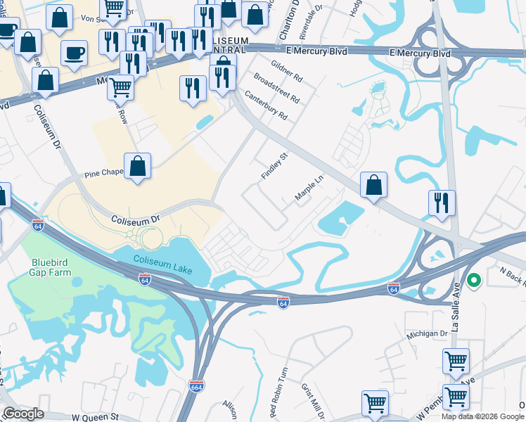 map of restaurants, bars, coffee shops, grocery stores, and more near 172 Findley Square in Hampton
